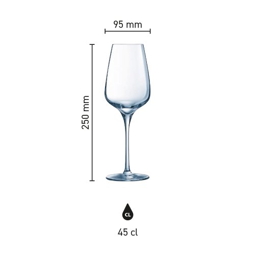 Infographic met productafmetingen van het Sublym wijnglas 45 cl. inclusief hoogte en diameter.
