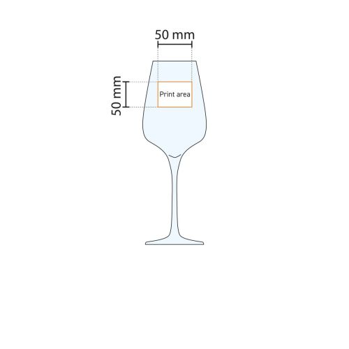 Technische werktekening van het Sublym wijnglas 55 cl. met markering van het drukgebied.