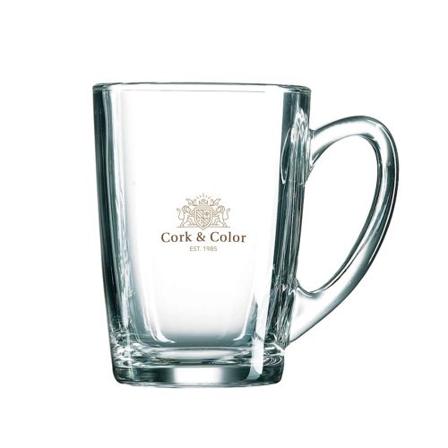 New Morning theeglas 32 cl met meerkleurig CorkColor-logo, gedrukt op de voorzijde van het glas.