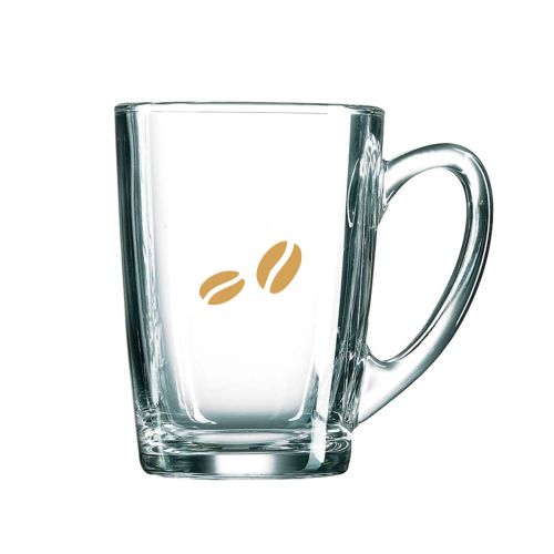 Hoog theeglas 32 cl. bedrukt met enkelkleurig CoffeeCo-logo op de voorzijde van het transparante glas.