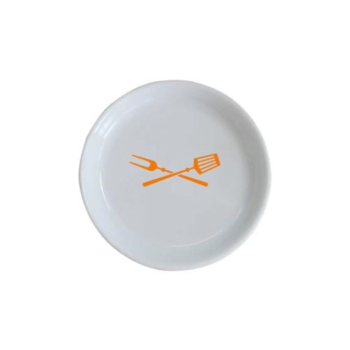 Vooraanzicht van witte porseleinen theezakhouder met zwart TableTrend-logo in één kleur op het middenvlak.