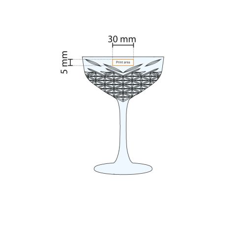 Technische werktekening van de Timeless champagnecoupe 25,5 cl. met aanduiding van het drukgebied.