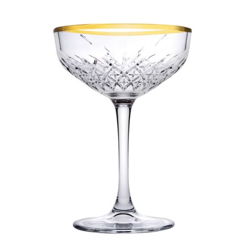 Voorzijde van de Timeless champagnecoupe 25,5 cl. met gouden rand en klassieke coupevorm.