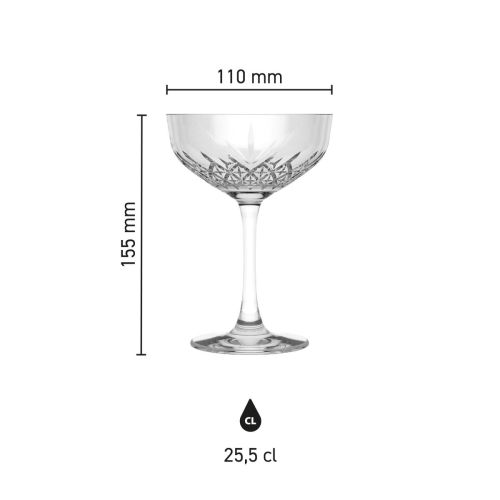 Grafisch overzicht van de maatvoering van de Timeless champagnecoupe 25,5 cl.