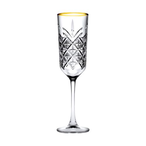 Frontale weergave van de Timeless champagneflute 17,5 cl. met gouden rand in transparant glas met smalle kelk.