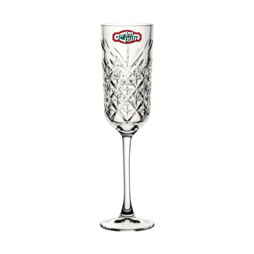 Timeless champagneflute 17,5 cl. bedrukt met meerkleurig PrintPub-logo op het vooraanzicht van het glas.