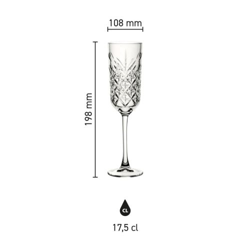 Infographic met productafmetingen van de Timeless champagneflute 17,5 cl. inclusief hoogte en diameter.