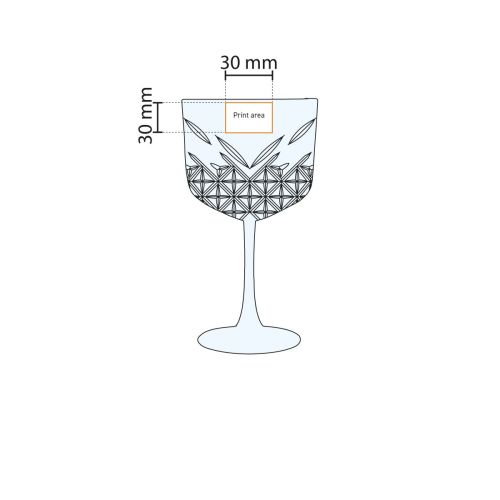 Technische werktekening toont exact drukgebied op glaswand van het gin-tonic glas 55 cl.