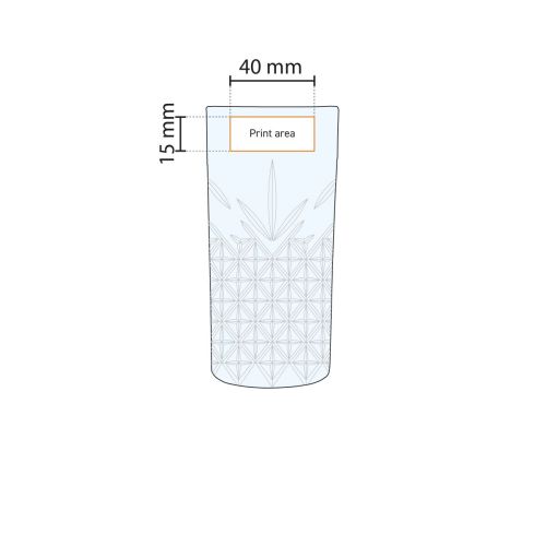 Drukgebied op het glas 30 cl. weergegeven in werktekening met logo-positie.
