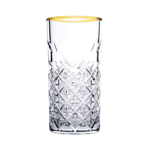 Vooraanzicht van Timeless Longdrink glas 30 cl. met gouden rand en met rechte vorm en geslepen glasstructuur.