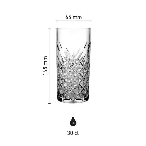 Infographic met hoogte en diameter van het Timeless Longdrink glas 30 cl.