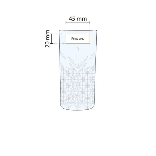 Drukgebied op glaswand van het longdrinkglas 45 cl weergegeven in werktekening.