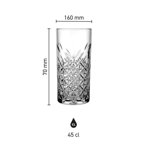 Afmetingen van het Timeless Longdrinkglas 45 cl. weergegeven in een duidelijke infographic.
