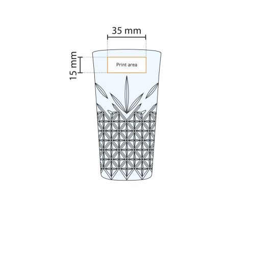Werkomschrijving van drukgebied op het glasoppervlak van Timeless longdrinkglas 34,5 cl.