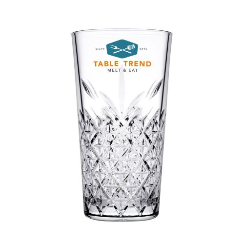 Timeless Longdrink stapelglas 34,5 cl. bedrukt met meerkleurig TableTrend-logo op het bovenvlak.