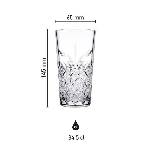 Infographic met hoogte, diameter en inhoud van het Timeless Longdrink stapelglas 34,5 cl.