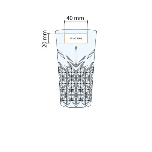 Werktekening toont het drukvlak voor bedrukking op glas 45 cl. duidelijk gemarkeerd.