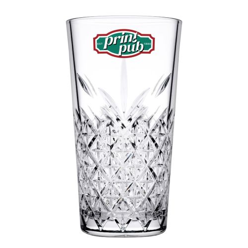 Vooraanzicht van het glas met kleurrijk PrintPub-logo op het gladde glasoppervlak.