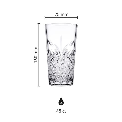 Infographic toont hoogte en diameter van het Timeless Longdrink stapelglas 45 cl.