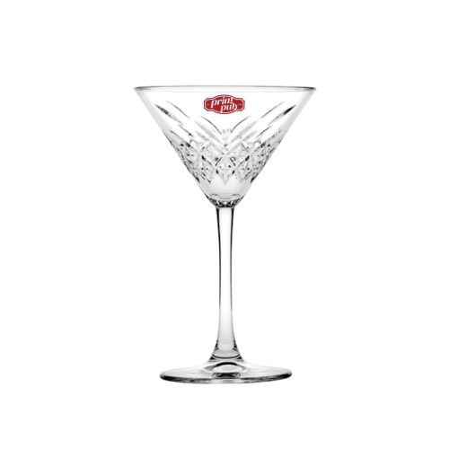 Timeless Martini glas bedrukt met PrintPub-logo in één kleur op het glasoppervlak.