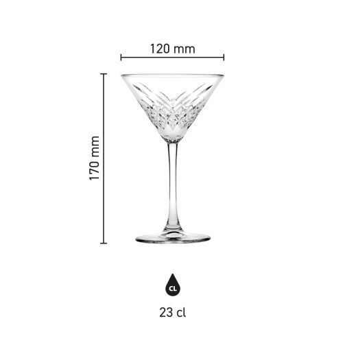 Infographic met hoogte, diameter en inhoud van het Timeless Martini glas 23 cl.