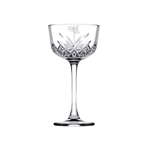Gravure van het CoffeeCo-logo zichtbaar op het vooraanzicht van het Nick & Nora Glas 16 cl.