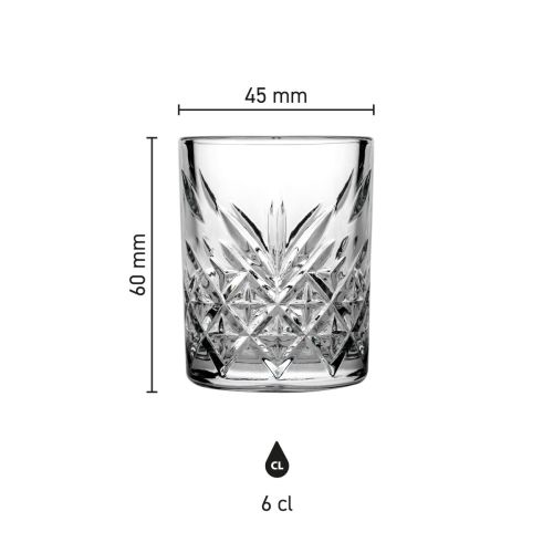 Infographic met maatvoering van het Timeless Shotglas 6 cl. in hoogte en diameter.