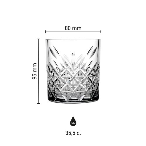 Gedetailleerde infographic toont hoogte, diameter en inhoud van het Timeless Whiskyglas van 35,5 cl.