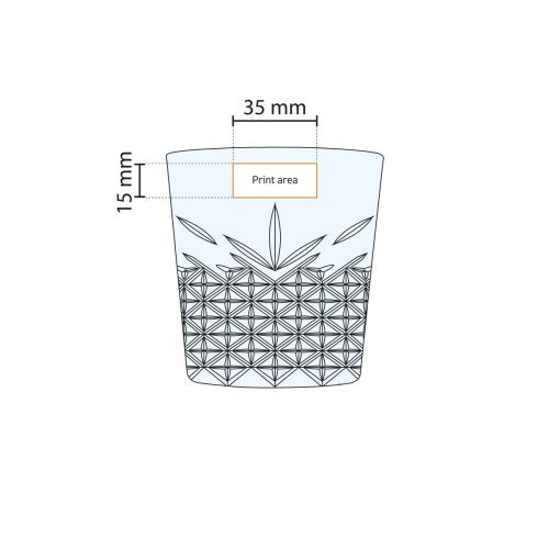 Schematische werktekening van het drukgebied op het Timeless stapelglas van 34,5 cl met logo-indicatie.