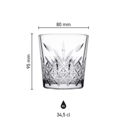 Infographic met afmetingen van het Timeless whiskyglas 34,5 cl. inclusief hoogte en diameter.