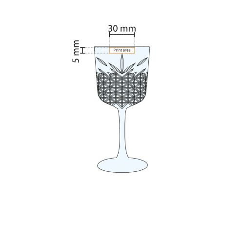 Illustratie van drukgebied op het Timeless wijnglas 33 cl. met indicatie voor bedrukking of gravure.
