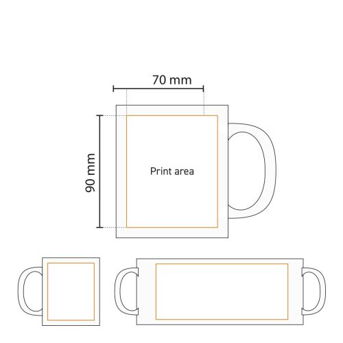 Schematische weergave van het drukvlak op de Tomek mok 30 cl. met indicatie voor logo- of tekstplaatsing.