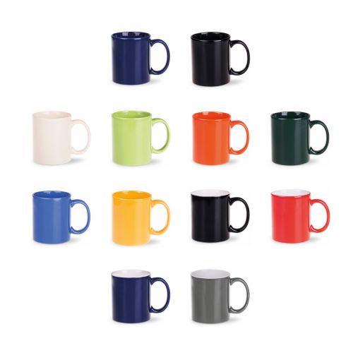 Overzicht van beschikbare kleurvarianten van de Tomek mok 30 cl. in porseleinen uitvoering.