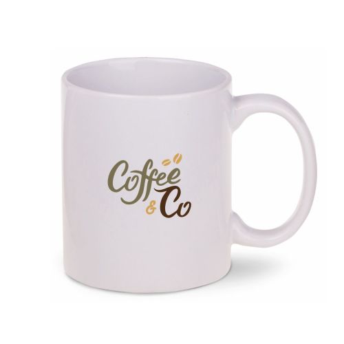 Porseleinen Tomek mok 30 cl. met meerkleurig CoffeeCo-logo centraal op het gladde oppervlak.