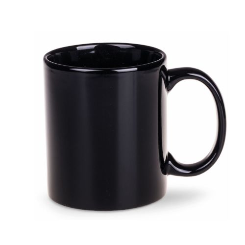 Vooraanzicht van de Tomek mok 30 cl. in zwart porselein met rechte wanden, klassiek oor en glad oppervlak.