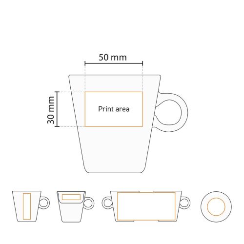 Drukgebied op de voorzijde van de porseleinen Trapo mok 20 cl. weergegeven in werktekening.