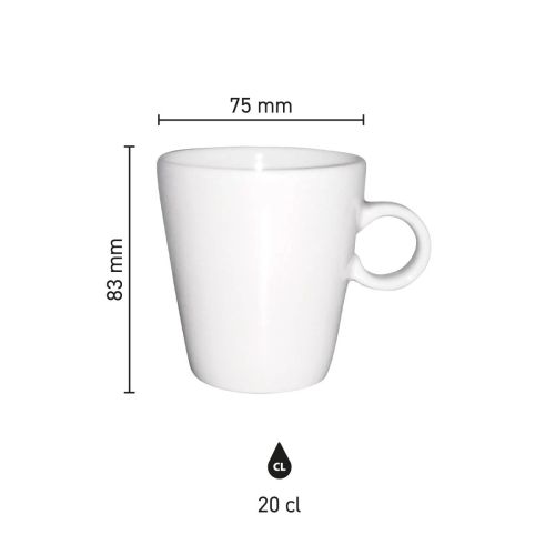 Infographic toont hoogte, diameter en inhoud van Trapo mok wit 20 cl porselein.