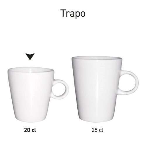 Seriebeeld met meerdere Trapo mokken wit porselein naast elkaar opgesteld.