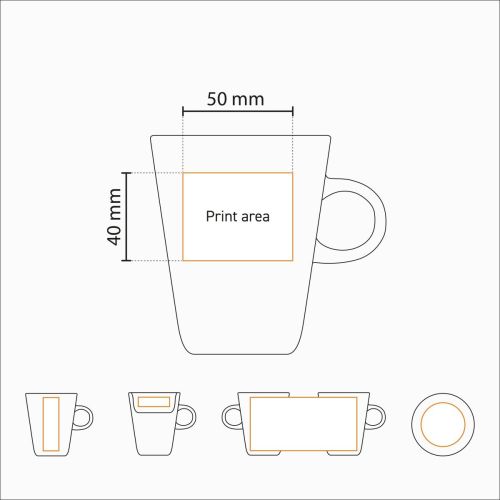 Technische werktekening met aanduiding van het drukgebied op Trapo mok wit 25 cl.