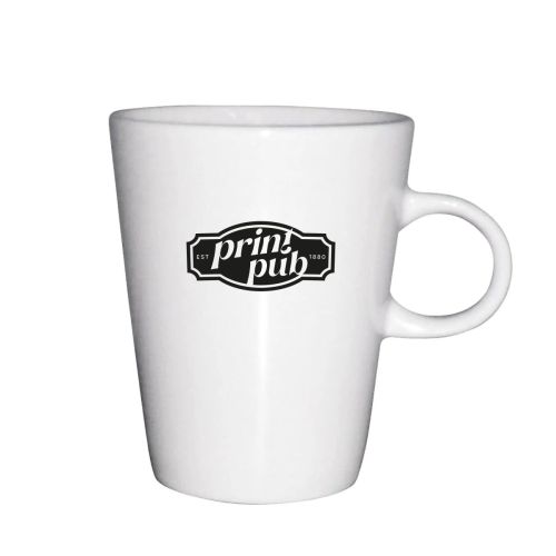 Eénkleurig PrintPub-logo op de voorzijde van de Trapo mok wit 25 cl. porselein.
