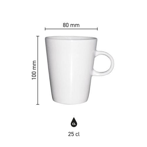 Infographic met afmetingen van Trapo mok wit 25 cl. inclusief hoogte en diameter.