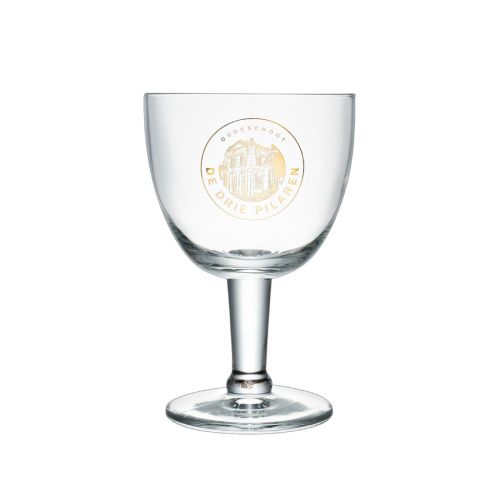 Trappist glas 15 cl met goud bedrukt De drie pilaren-logo in één kleur op de voorzijde.