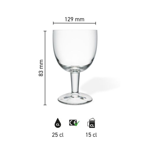 Infographic toont de afmetingen van het Trappist glas 15 cl tapmaat, inclusief hoogte en diameter.