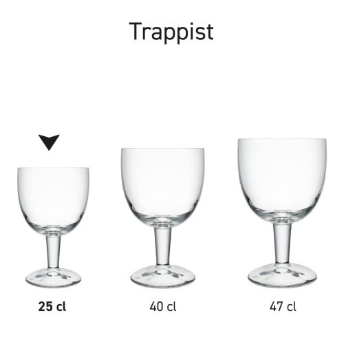 Serie van Trappist tapmaatglazen van 15 cl. naast elkaar gepresenteerd als productlijn.