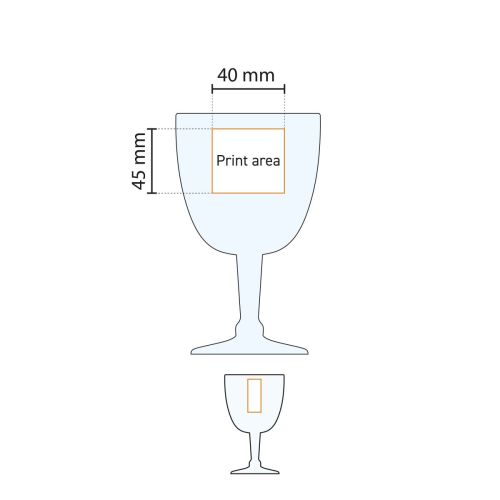 Technische werktekening met drukgebiedaanduiding op het 25 cl. glas voor logoplaatsing.