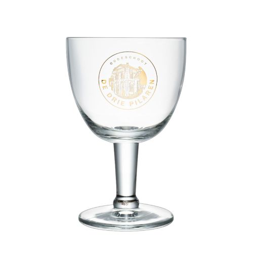 Trappist glas 25 cl met goud bedrukt logo van De drie pilaren in één kleur op de voorzijde.