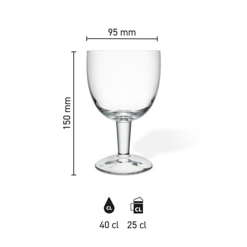 Infographic toont de hoogte en breedte van het Trappist glas 25 cl met tapmaatmarkering.