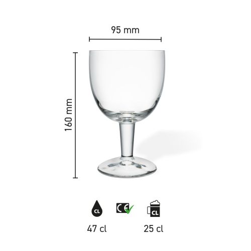 Infographic toont productafmetingen van het 33 cl Trappist glas met hoogte en diameter.
