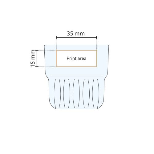 Technische werktekening met logozone en afmetingen van het drukgebied op het Onis tumblerglas 15 cl.