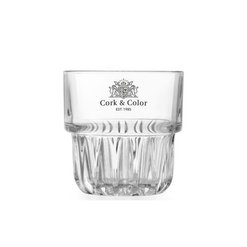 CorkColor-logo in één kleur op de voorzijde van het Tumbler Onis glas van 15 cl. in helder glas gedrukt.